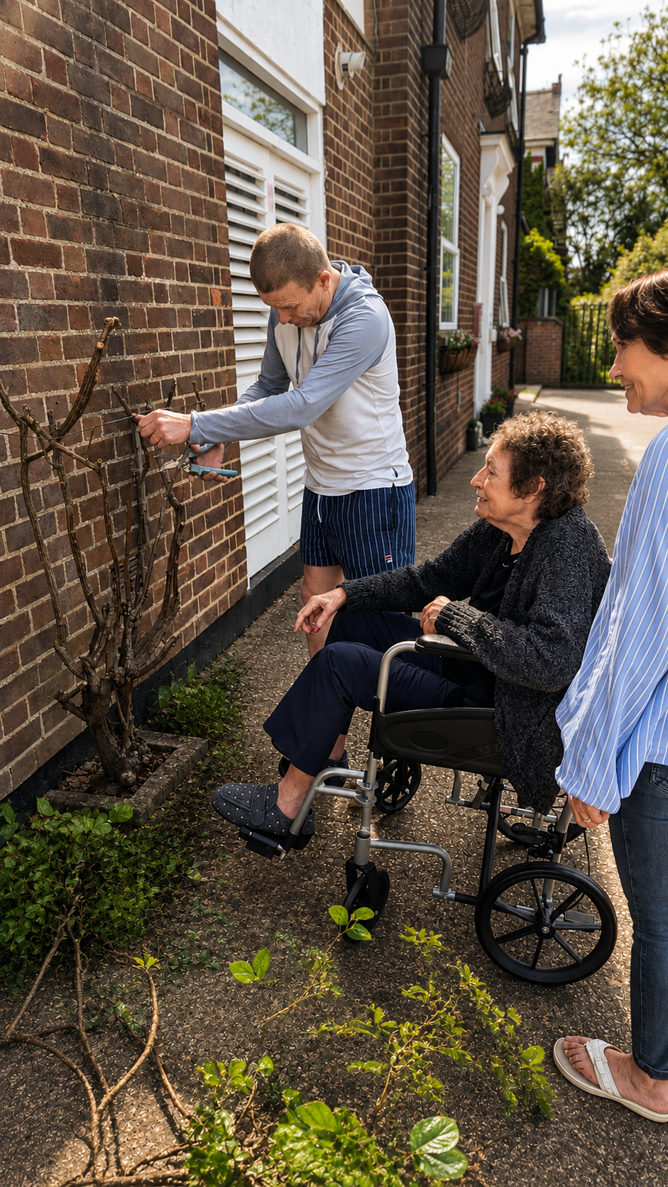 A care worker pruning climbing plants on a brick wall while a resident in a wheelchair and a carer look on in the Royal Court garden.