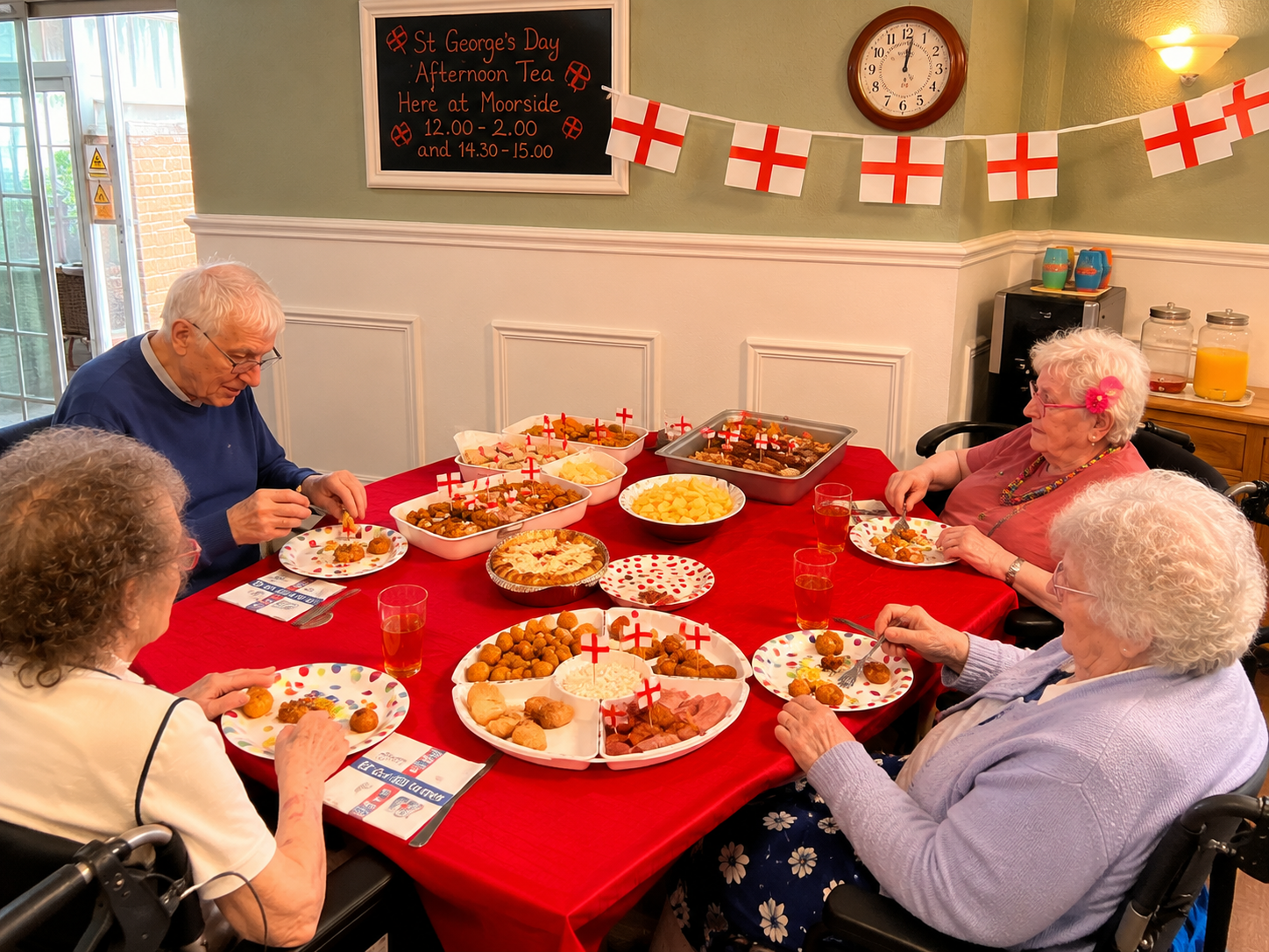 Four residents enjoying the St George's Day Afternoon Tea together around a festively laid table.